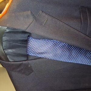 Men's Navy Pinstripe Suit with Blue Tie